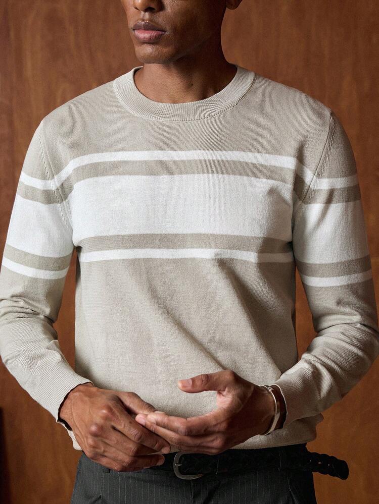 Men's Striped Crew Neck Long Sleeve Casual Sweater, Autumn/Winter