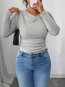 SHEIN PETITE Petite Series Textured Ribbed Crew Neck Long Sleeve Casual T-Shirt, Autumn/Winter - Grey - View 3