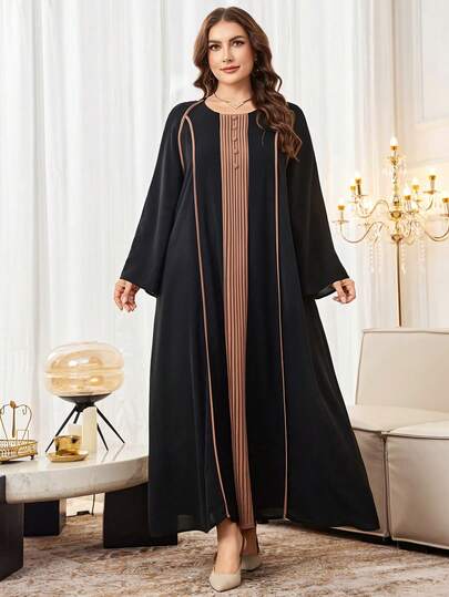 Al Najma 女士圆领长袖撞色褶裥拼接休闲舒适大码阿拉伯连衣裙/束腰外衣