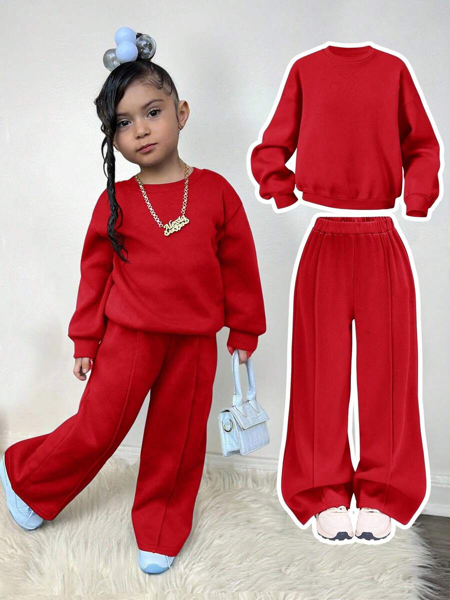 Bộ quần dài tay dài in hình trái tim đơn giản, màu trơn, rộng rãi, trễ vai cho bé gái - Đỏ - Xem 1