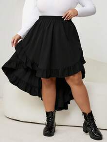 SHEIN CURVE+ 大码女式黑色荷叶边半身裙，复古黑色多层半身裙/2026/新年 - 黑色 - 查看 3