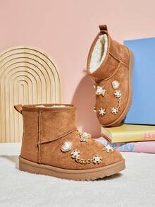 Mini mi #GlamSteps 儿童珍珠泰迪熊装饰绒面革棕褐色短靴 – 舒适保暖，适合日常冒险 - 紫紅色 - 查看 2