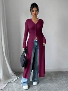 Rafferiza 女士休闲修身长袖单排扣衬衫裙 - 酒紅色 - 查看 6