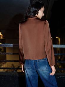 SHEIN Luminelle 女士纯色长袖褶皱领优雅衬衫 - 棕色 - 查看 3