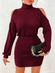 INAWLY Women's Solid Color High Neck Off Shoulder Long Sleeve Ruched Ribbed Fashionable Mini Dress - Burgundy - View 4