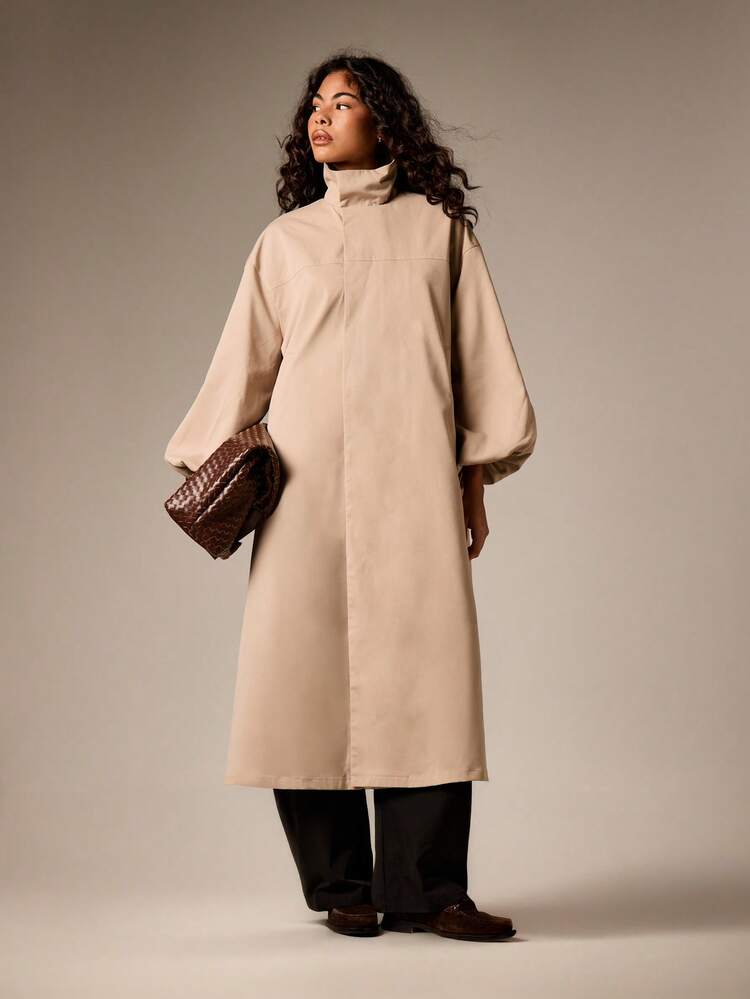 Oversized Long Trench Coat With Stand Collar