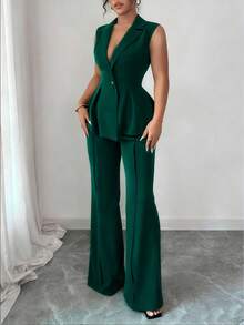 Elenzga 大码无袖西装外套领口收腰优雅浪漫女士套装 - 墨綠色 - 查看 4