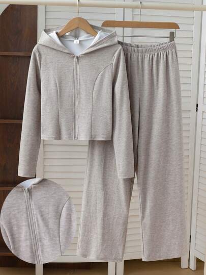 SHEIN Teen GirlHooded Zip-Up Long Sleeve Top And Long Pants Set, Suitable For Spring And Autumn