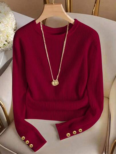 Franclia 大码优雅圆领针织T恤，简约时尚针织上衣，秋冬