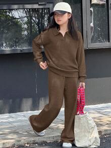 DAZY 少女休闲落肩毛衣套装 - 棕色 - 查看 4