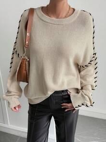 Livesso Women's Casual Loose Fit Drop Shoulder Long Sleeve Sweater, Autumn/Winter - Khaki - View 5