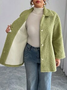 Elenzga Plus Size Solid Color Front Button Long Sleeve Casual Sherpa Collar Jacket Fall Winter Cloth For Women - Green - View 8