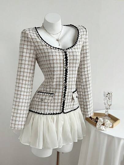 Elamini 女士优雅长袖连衣裙，百搭款式，适合派对、休闲、通勤等场合，粗花呢和雪纺拼接，荷叶边下摆，秋冬款