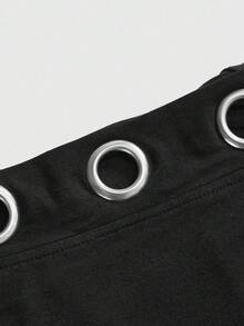 ROMWE Grunge Punk Y2K朋克风金属孔眼装饰短款连帽吊带背心，深V领口 - 黑色 - 查看 3