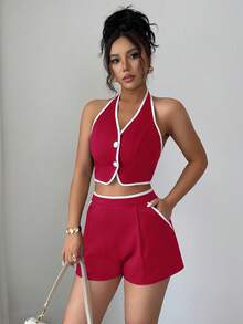 Selianne Nuevo conjunto de verano de 2 piezas para mujer con top corto con espalda descubierta y lazada, y shorts con bolsillos en contraste - Burdeos - Ver 5