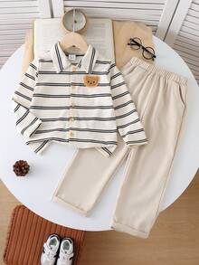 SHEIN Vintaside Kids 男童罗纹针织长袖衬衫和罗纹休闲裤两件套，春秋季 - 卡其色 - 查看 8