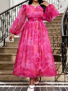 Fleurora 大码女式花卉印花圆领灯笼袖优雅连衣裙 - 玫紅色 - 查看 6