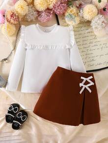 SHEIN Elladie kids 女童可爱黑色罗纹长袖上衣搭配蝴蝶结装饰开衩裙，秋冬T恤套装 - 咖啡棕 - 查看 4
