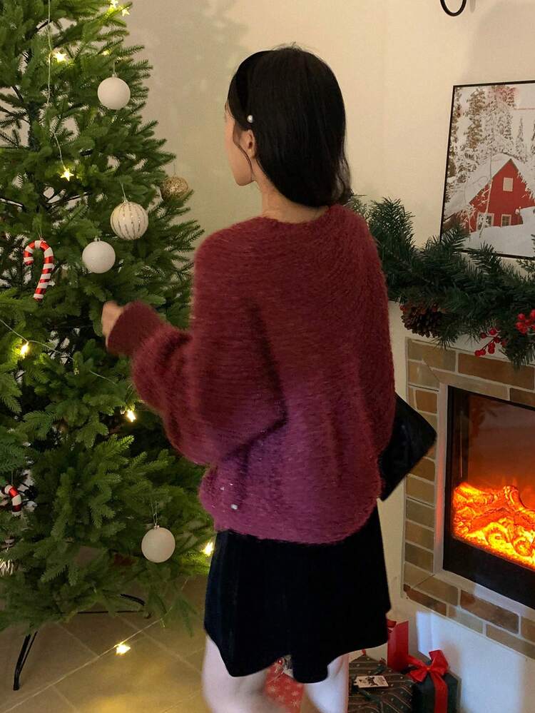 Women's Solid Color Round Neck Long Sleeve Front Button Loose Casual Knit Cardigan Christmas