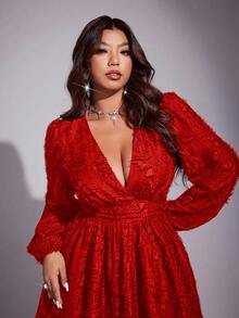 Viva Relle 大码女式纯色深V灯笼袖时尚性感连衣裙 - 紅色 - 查看 3