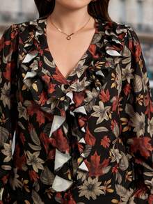 SHEIN LUNE Plus Size Women's Valentine Simple Flower Print Summer Ruffled Casual Vacation Loose Blouse, Spring/Autumn,Fall Holiday - Multicolor - View 6