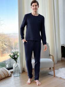 EURMUSE Cotton Men'S Ribbed Knit Homewear Set - Navy Blue - View 3