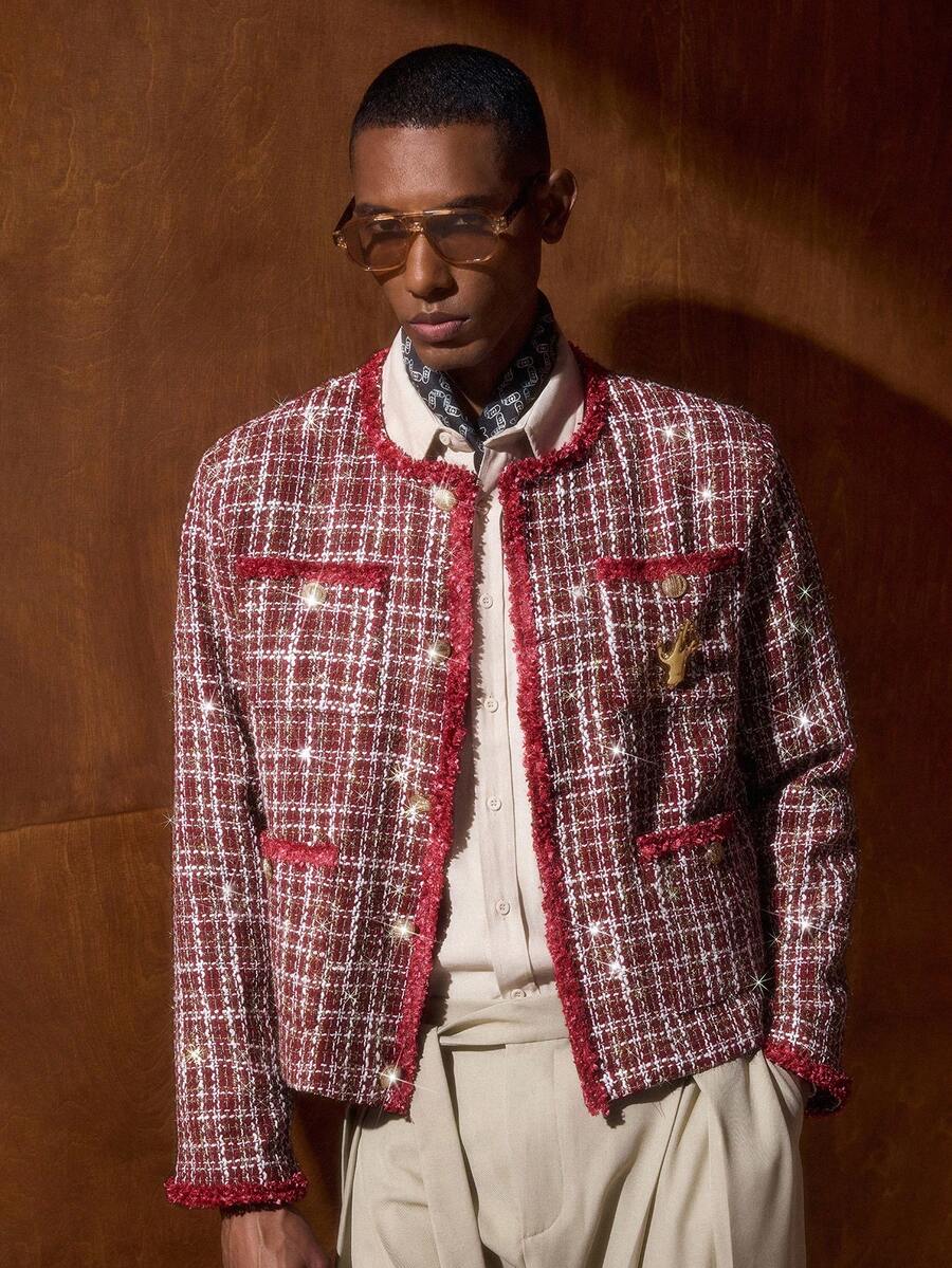 AKNOTIC Business Casual Men's Fashionable Commuter Tweed Long Sleeve Blazer - Red - View 1