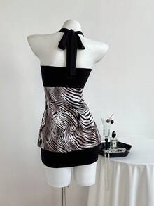 Elamini Robe sexy femme à col ras-du-cou, froncée, avec imprimé zébré blocs de couleurs