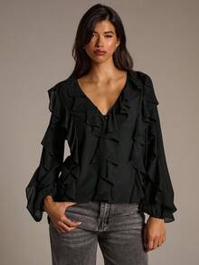 Aloruh Women's Solid Color Ruffle V-Neck Long Sleeve Fashion Blouse - Black - View 3