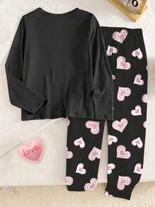 少女两件套睡衣，黑色圆领针织上衣，饰有爱心印花，宽松爱心印花长裤，舒适长袖休闲家居服 - 黑色 - 查看 2
