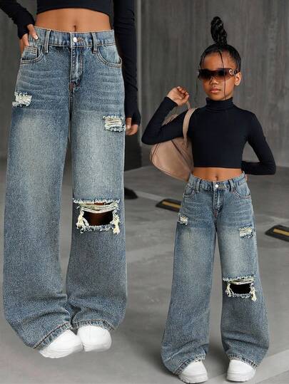 Tween Girls Y2K Casual Light Washed High Rised Ripped Baggy Denim Straight Leg Jeans,Boyfriend Jeans,Halloween Outfits,Fall Clothes,Christmas Pants,Fall Outfits,Girls Fall Winter Back To School Homecoming Jeans,Girls Pants Streetwear Vintage Outfits,Comfortable And Versatile, For 8-12 Years Old Girls, Suitable For School, Home And Travel Streetwear