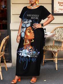 Maweii Đầm thường ngày cổ tròn tay ngắn có túi in họa tiết hoa, họa tiết cây cỡ lớn cho nữ - Nhiều màu - Xem 1