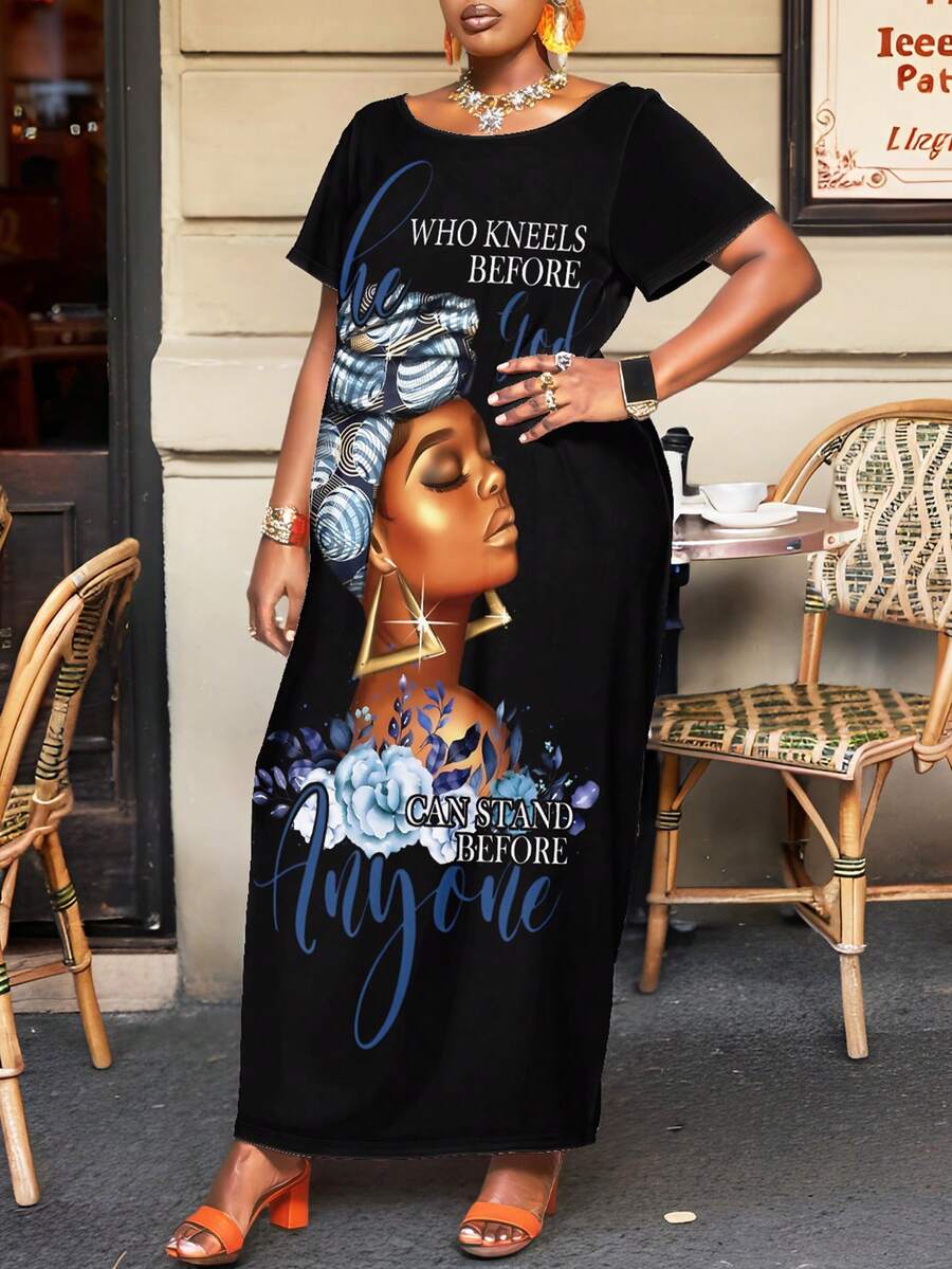 Maweii Đầm thường ngày cổ tròn tay ngắn có túi in họa tiết hoa, họa tiết cây cỡ lớn cho nữ - Nhiều màu - Xem 1