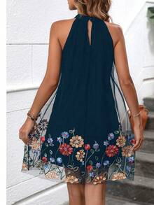 Breezaya Floral Embroidery Mesh Overlay Halter Dress Vacation Beach Outfits Women - Navy Blue - View 2