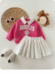 SHEIN 女婴可爱字母图案翻领卫衣和迷你裙套装（2件套），秋冬季 - 玫紅色 - 查看 1