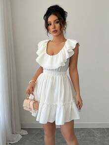 Chiquease Low Neck Fashionable Casual Ruffle Layered Waist Fitted Flared A-Line Dress - White - View 4