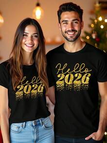 Manfinity Homme 2026新年快乐流星亮片印花黑色圆领T恤，限量版情侣礼物 - 黑色 - 查看 4