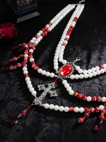 ROMWE 1 chiếc dây chuyền tua rua hình chữ thập đính hạt ngọc trai nhiều lớp phong cách Gothic dành cho nữ - Bạc - Xem 5