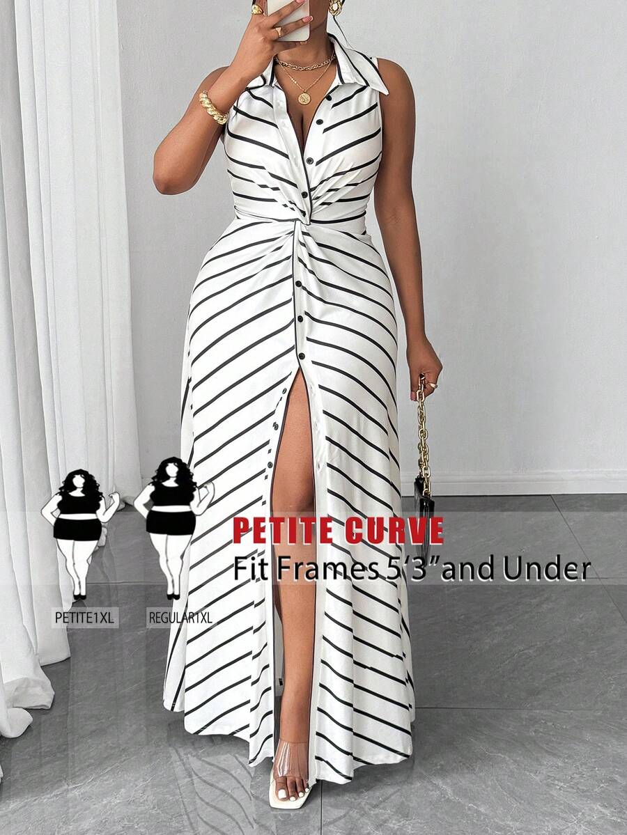 SHEIN PETITE CURVE 大码女式休闲条纹针织扭结设计连衣裙 - 白色 - 查看 1
