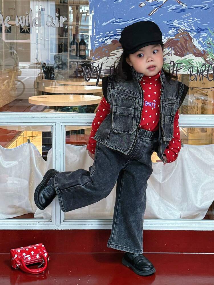 Baby Girls' Korean Style Casual Washed Floral Embroidered Long Denim Spring Toddler Girls Clothes