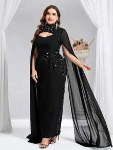 Coutiva Luxury Evening Gown, Stand Collar Long Sleeve Rhinestone Embellished Elegant Formal Dress - Black - View 4