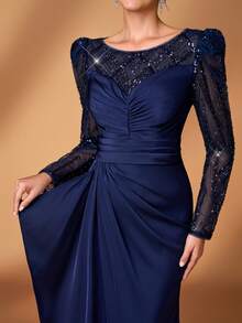 Serin 优雅奢华的藏蓝色珠饰亮片花卉薄纱长袖鱼尾长裙，侧开衩设计，适合婚礼、派对、度假、舞会、新娘母亲晚礼服等场合。 - 藏蓝色 - 查看 2