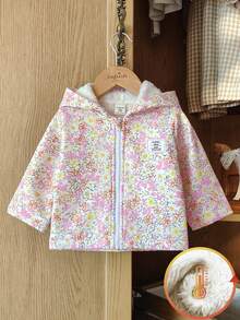 SHEIN Vintaside Kids معطف مقنع بطبعة زهور صغيرة للبنات الرضع، إغلاق بسحاب، بطانة حرارية، ملابس خارجية شتوية عصرية وكاجوال - وردي فاتح - مشاهدة 5