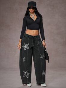Jeanoix Y2K 时尚休闲街头风星星刺绣毛边破洞牛仔裤 - 黑色 - 查看 7