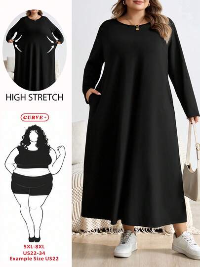 SHEIN CURVE+ 加大码黑色长袖宽松 A 字中长连衣裙，时尚秋冬连衣裙