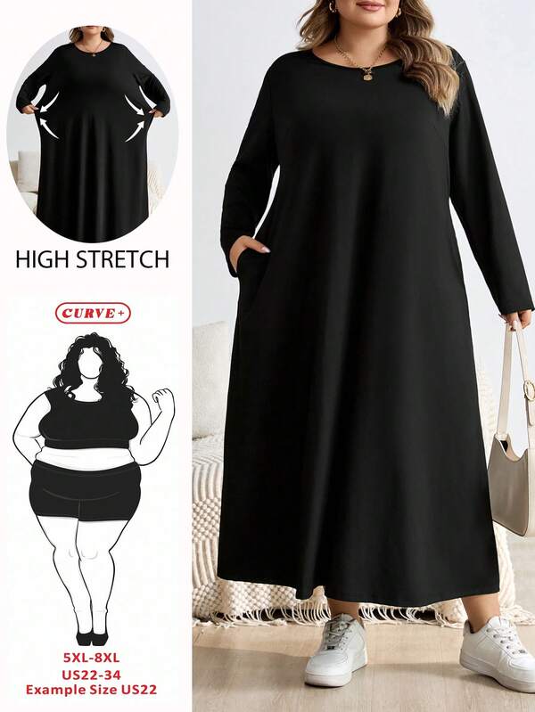 SHEIN CURVE+ 加大码黑色长袖宽松 A 字中长连衣裙，时尚秋冬连衣裙