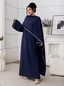 Al Najma Women's Elegant Minimalist Poncho Design Loose A-Line Arabic Style Dress - Navy Blue - View 5