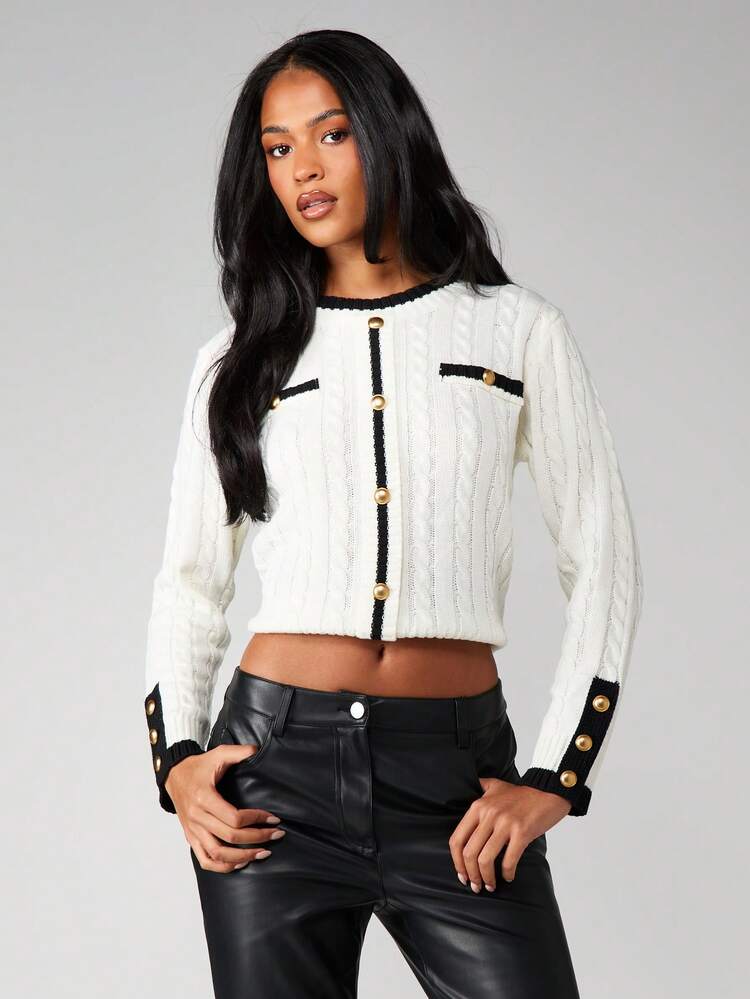 MISSGUIDED Cable Knit Button Front Cardigan With Contrast Trim And Gold Hardware Details For Fall Winter