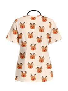 PopScrub Christmas Reindeer Print Scrub Uniform Top - Multicolor - View 2