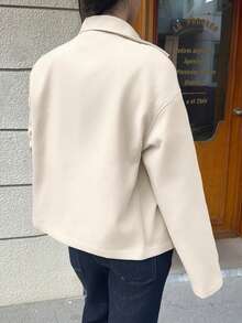 Flirla 杏色翻领，双排扣，带口袋，长袖，短款大衣，时尚，通勤，办公，休闲，优雅，复古，学院风，日常，约会，女士，秋冬 - 米色 - 查看 2